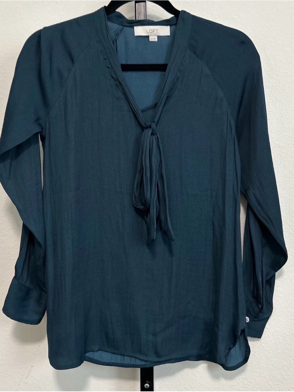 LOFT Teal Tie-Neck Long Sleeve Blouse